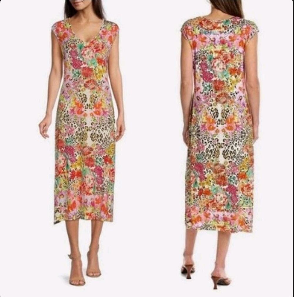 Johnny Was Bamboo Wild Garden High Slit Floral Leopard Boho Midi Dress XS